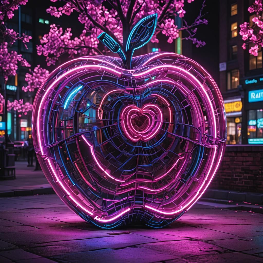 A Big neon Apple, in pink, purple and blue