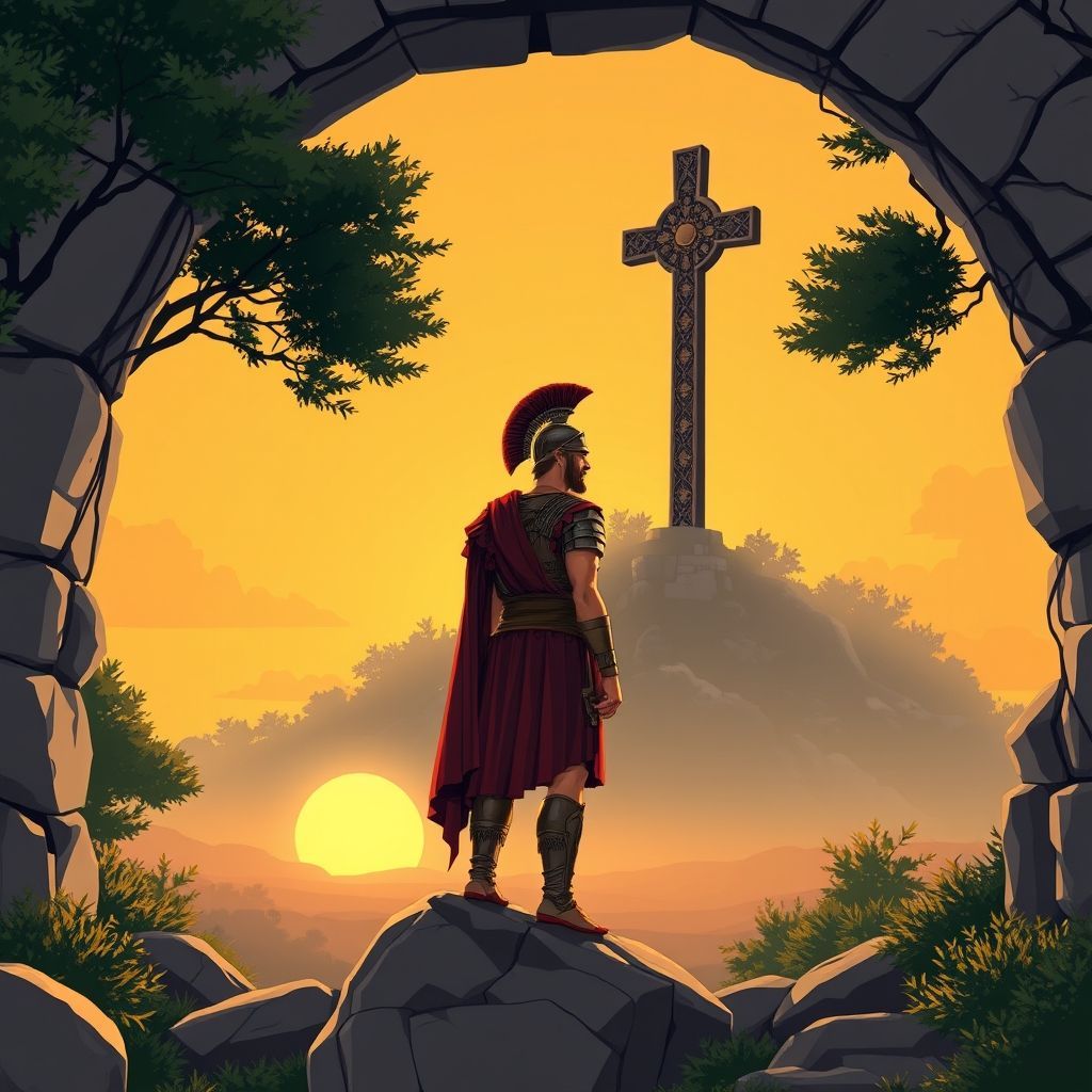 A Roman legionary standing on a rocky arch