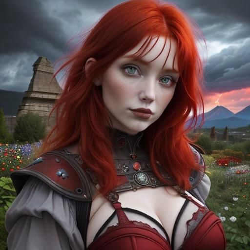 close up portret of magic eyes , red hair stempunk style ope...