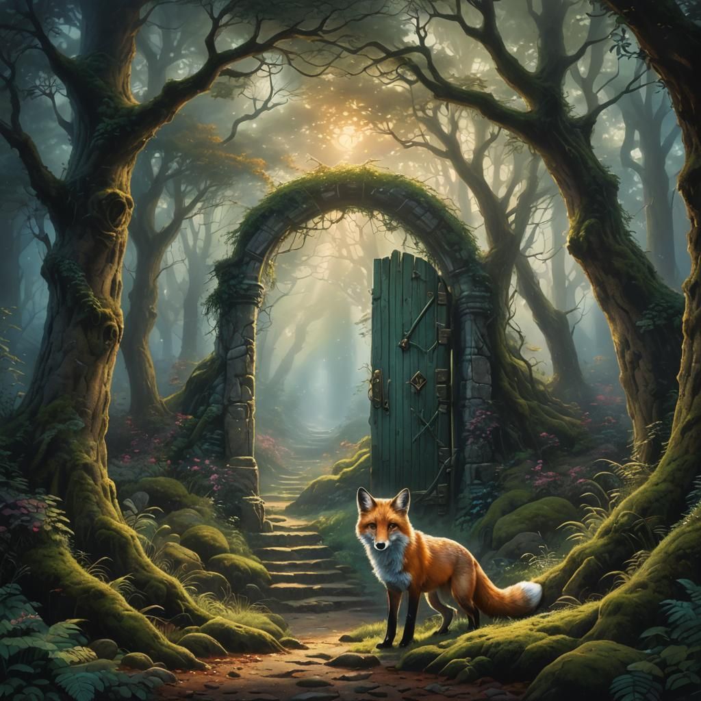 Ancient doorway in a dark forest. Fox looking at you. HD stable diffusion  by @Wolfdancer
