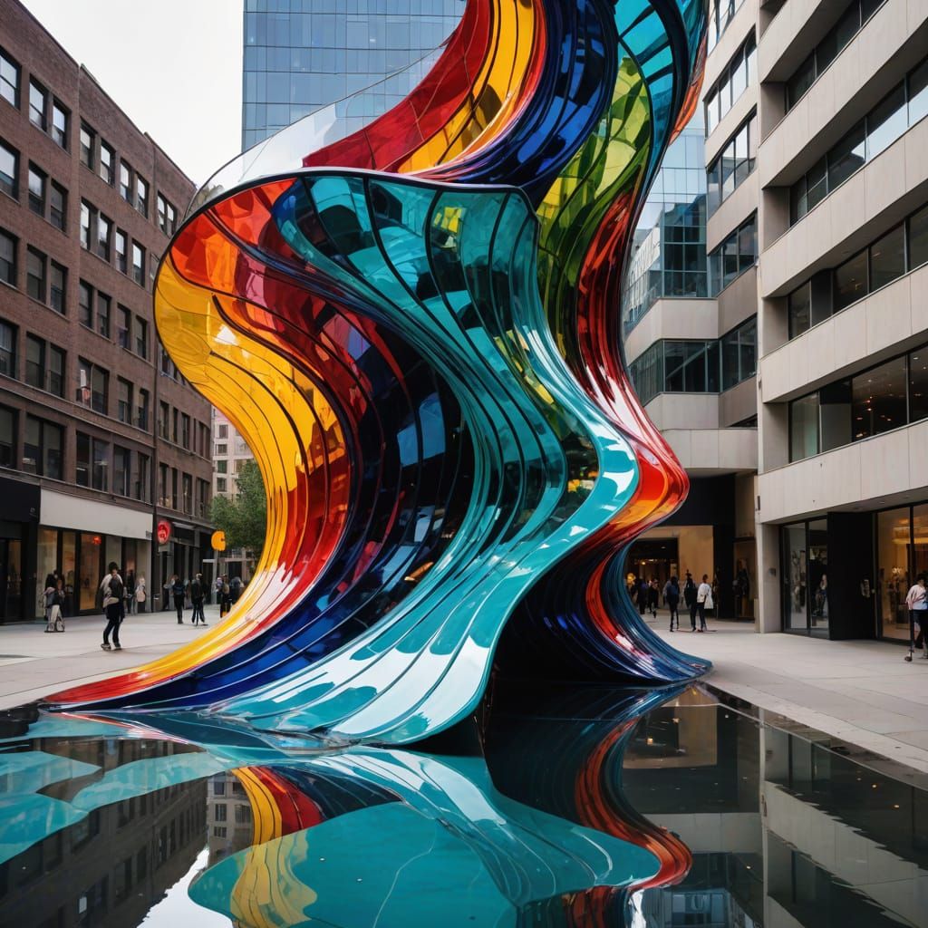  surreal wave crafted from layers of colored glass, spiraling upwards through a vibrant urban landscape. Reflective surfaces mirror surround...