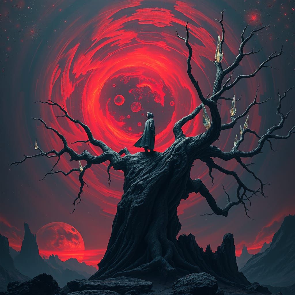 Imagine a lone figure standing atop a colossal, petrified tree on an alien planet, gazing out over a breathtaking, swirling nebula of deep r...