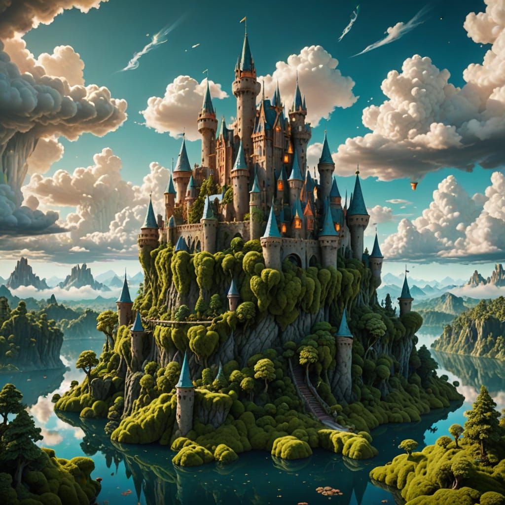 Photograph.wide shot. A colossal, realistic ancient castle made of living trees and glowing moss, situated on a floating island in a sky fil...