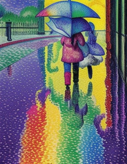 wet_rainbow_umbrella, rainy_day, rainbow reflections in pudd...