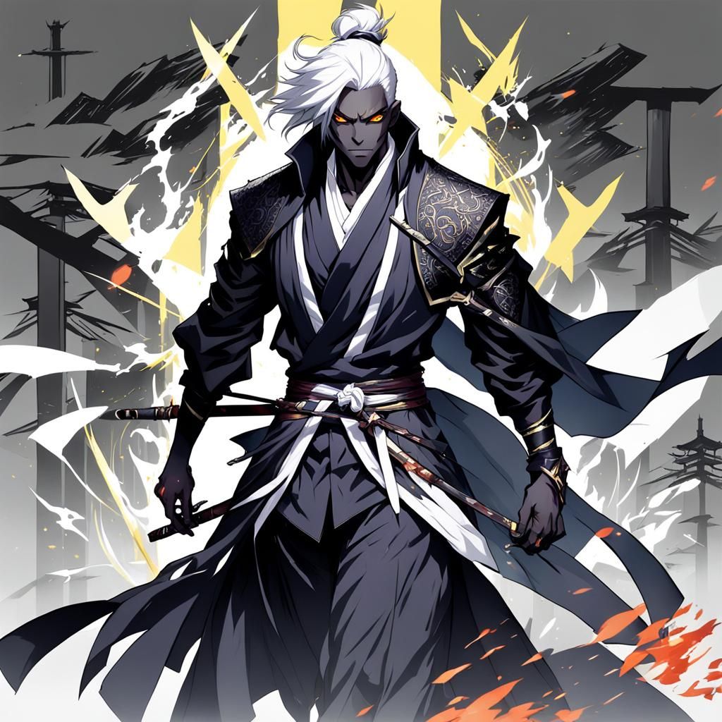Male Drow, Dark Grey Skin, White short Hair,yellow eyes, wea...
