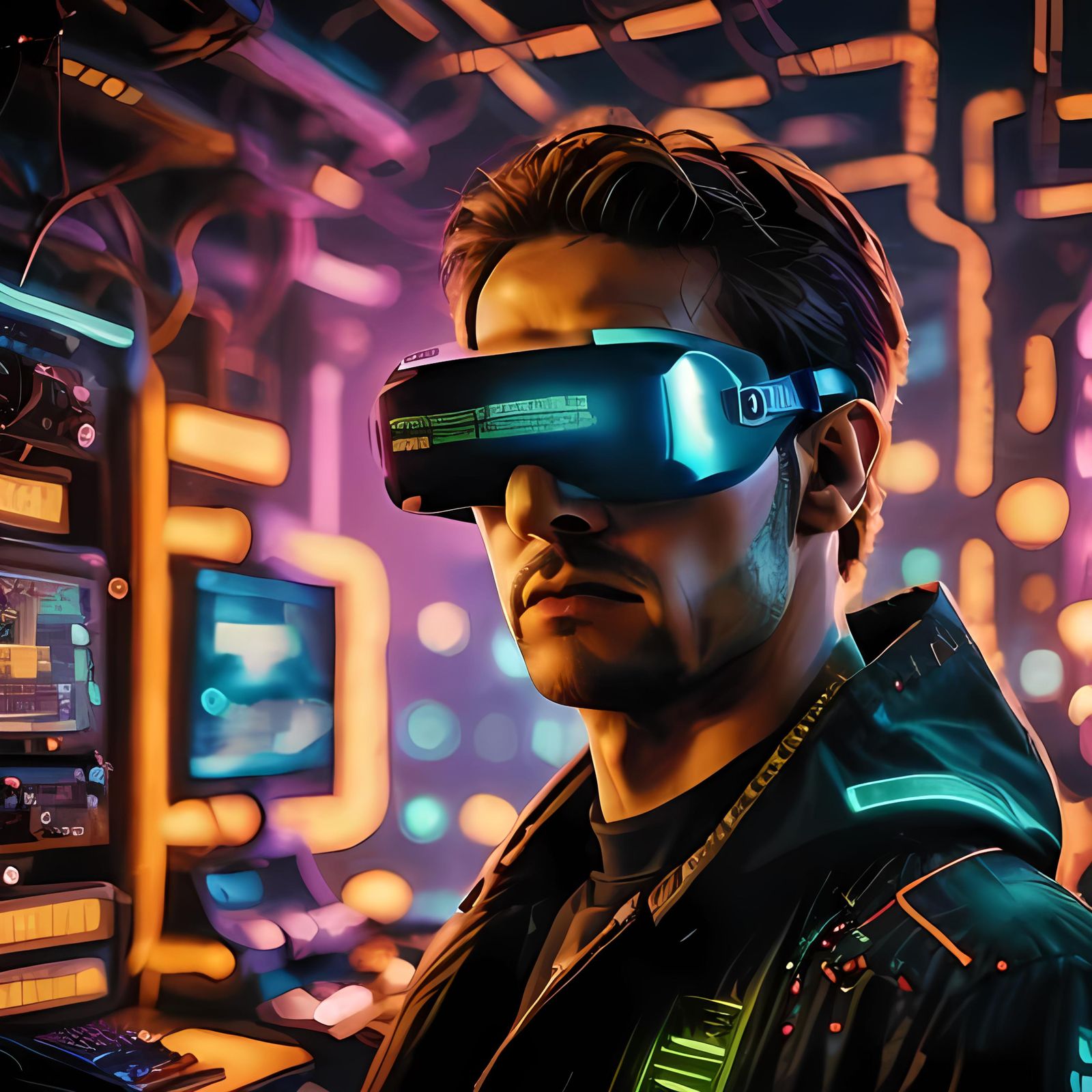 <lora:Macro v1:1.0> <lora:Murraypunk SD15:1.0> Portrait of a man with green VR goggles android connected to green circuits, hacker circuits...