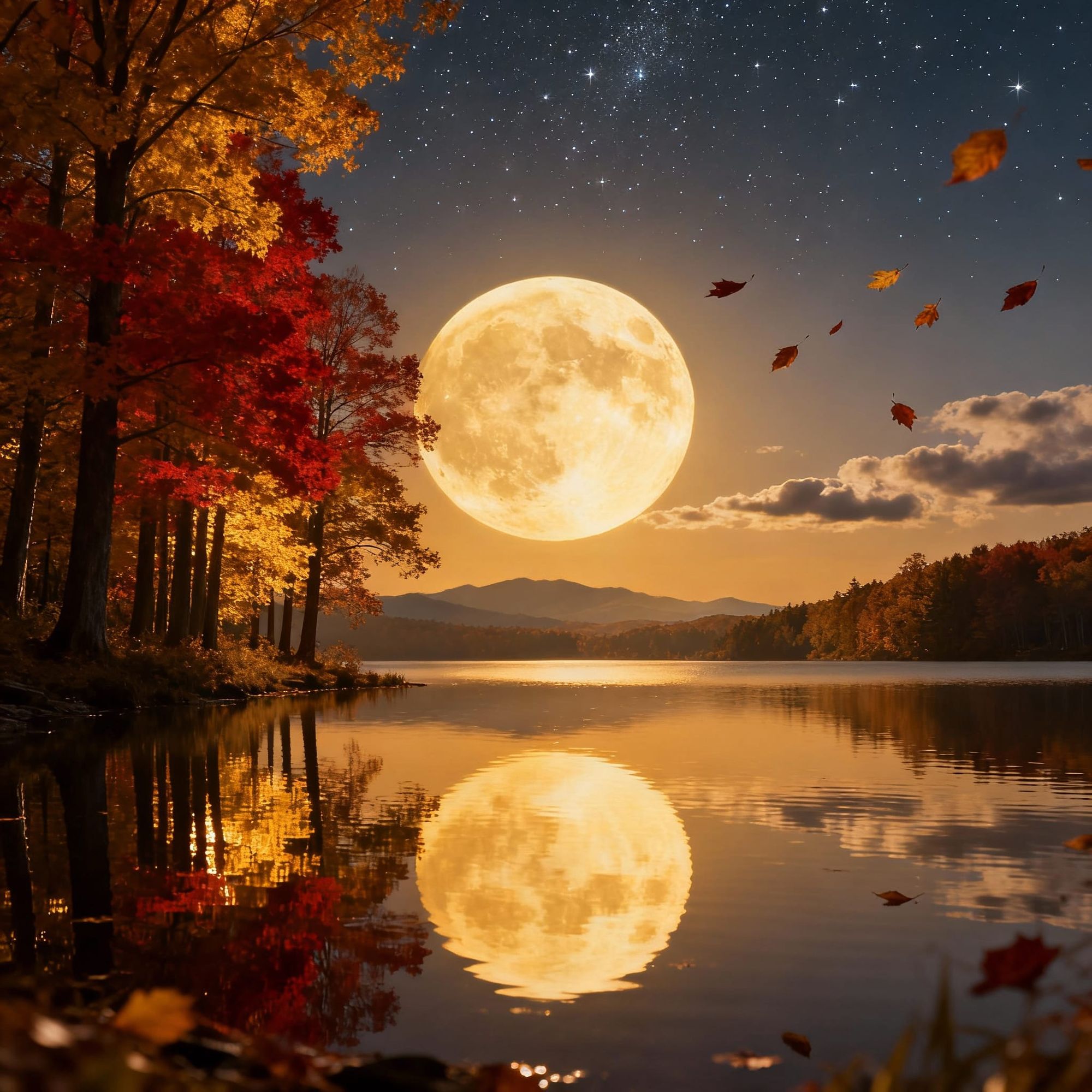 A serene autumn landscape where a tranquil lake mirrors a massive, glowing full moon dominating a starry, twilight sky. Tall trees with vibr...