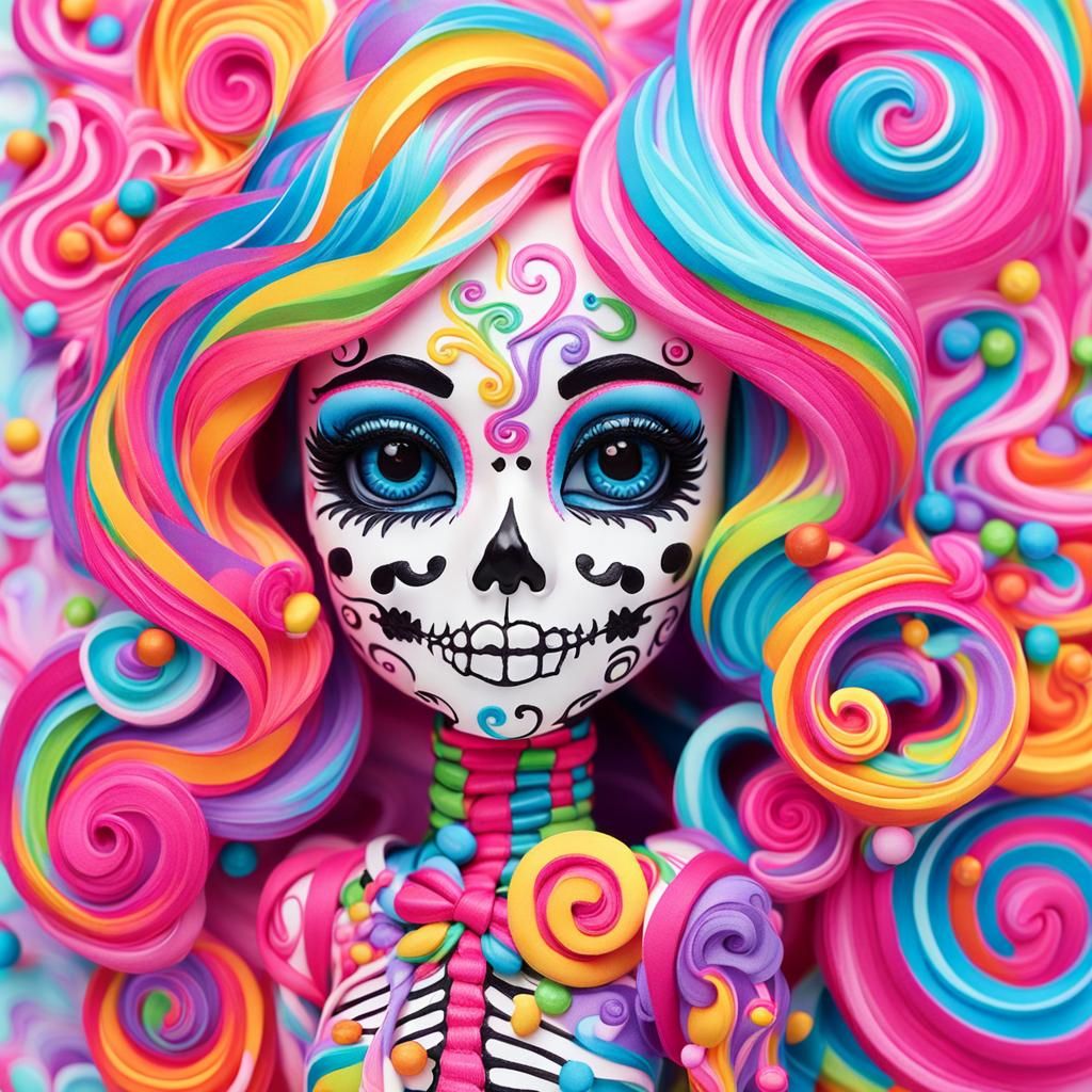 Pretty 3d doll barbie doll sugar skull skeleton with bright rainbow ...