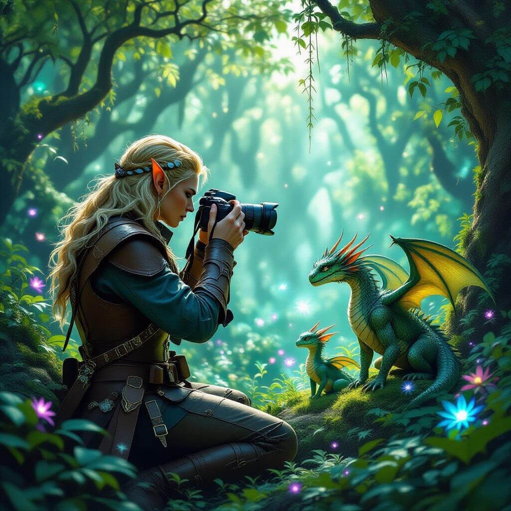 For the "World Photography Day" challenge, envision a non-binary elven photographer capturing a candid moment of a dragon family in their na...