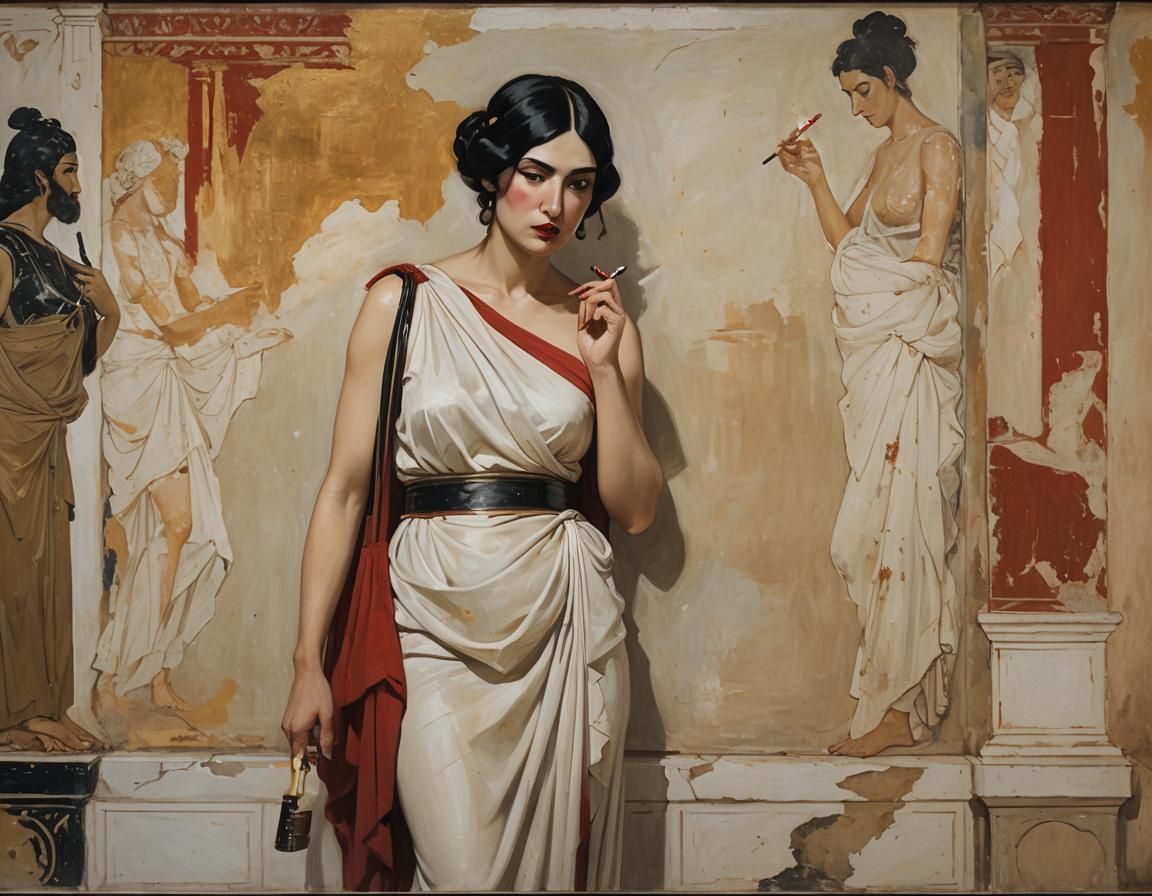 Impressionist painting, ancient Greek woman red lips, black ...