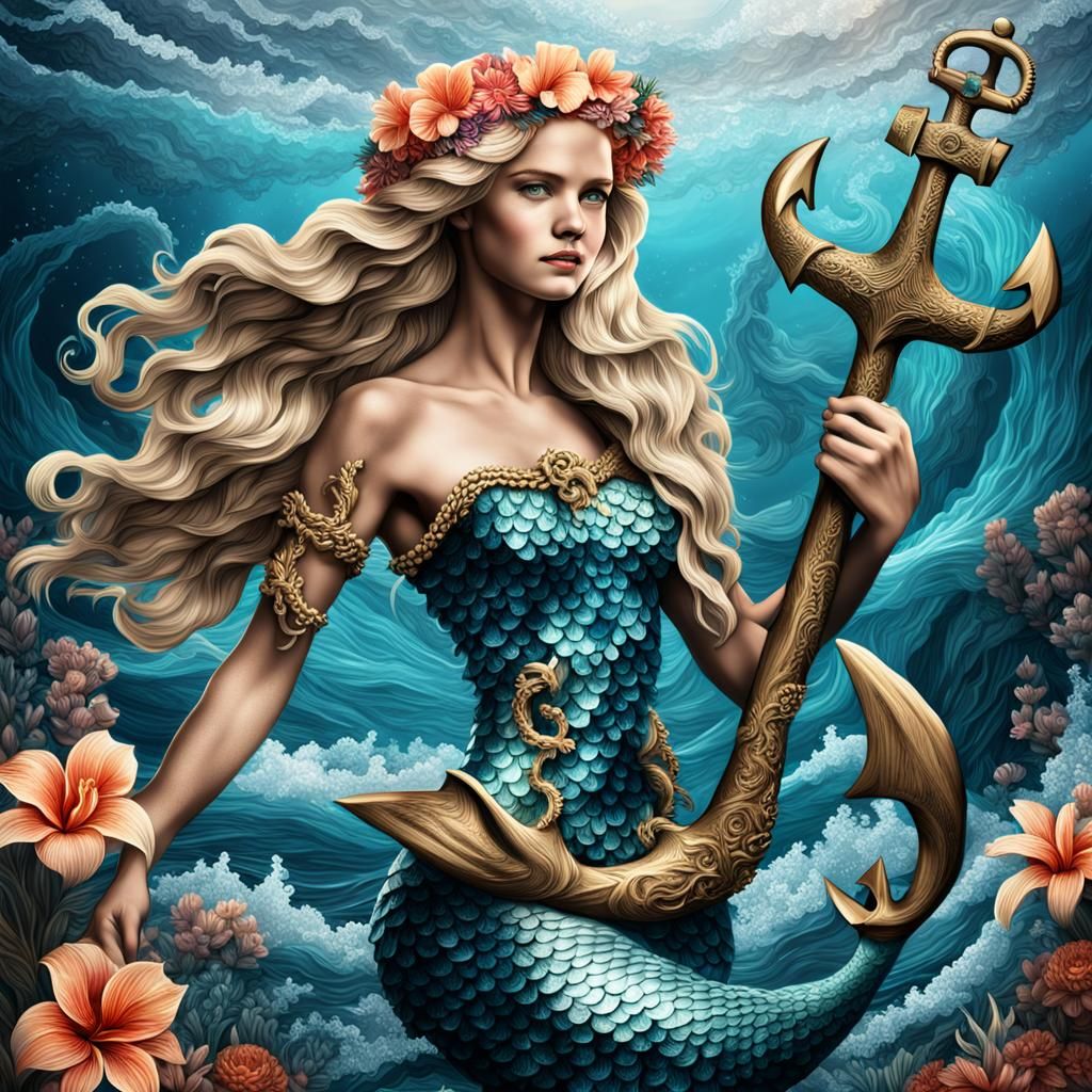 Blonde Mermaid holding an anchor with waves & tropical flowe...