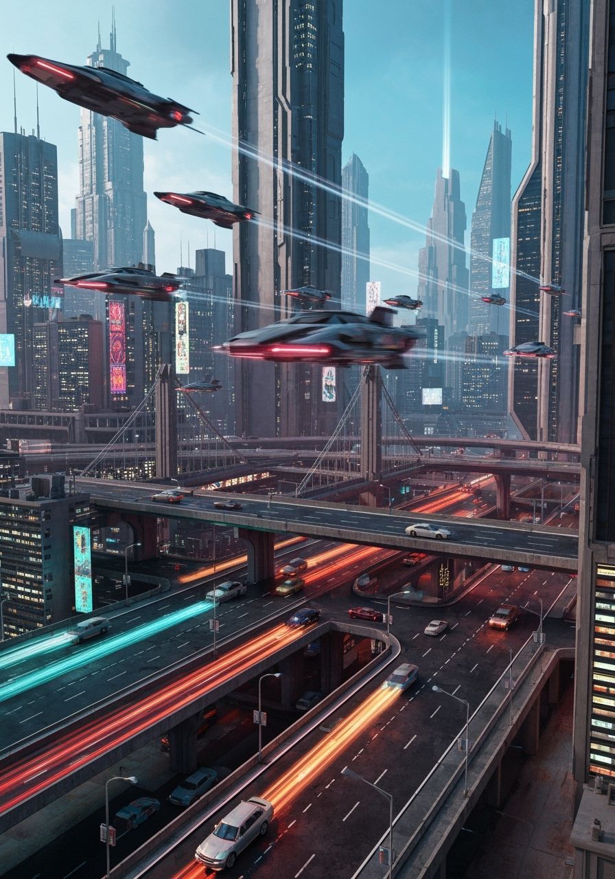 Futuristic Cityscape with Flying Vehicles in 3D Render