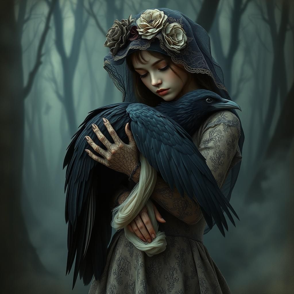 goth girl supporting a bird with a broken wing  by @Ineedicecream