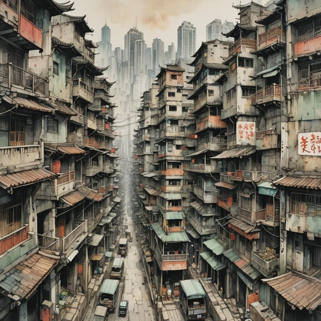 panoramic view of Kowloon Walled City, watercolor, muted ton...