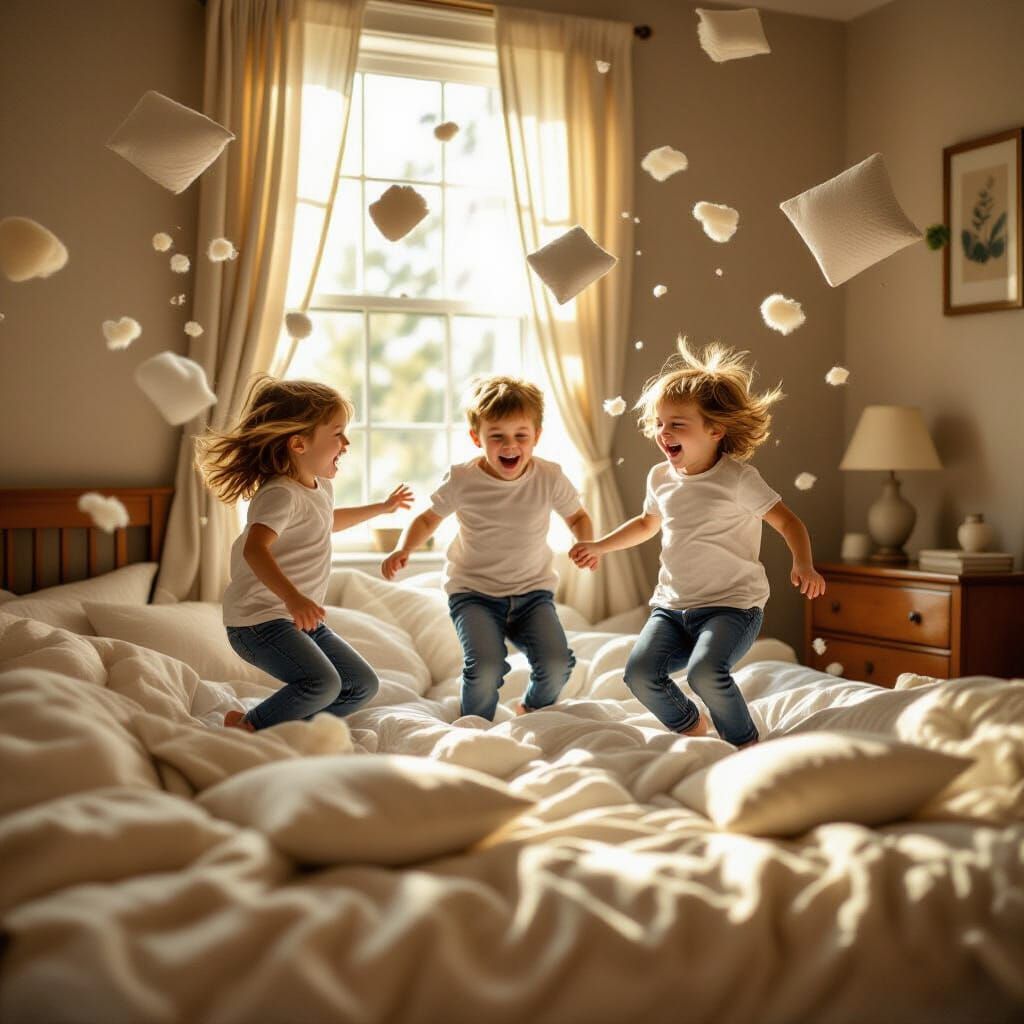 Joyful Chaos: Realistic Photo of Kids Pillow Fighting