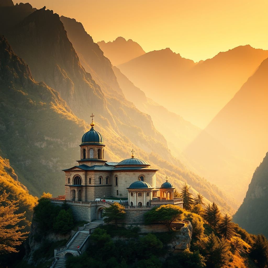 A realistic image of the Orthodox Roussanou Monastery in northern Greece, located in the Thessaly plain ...  by @Granit9