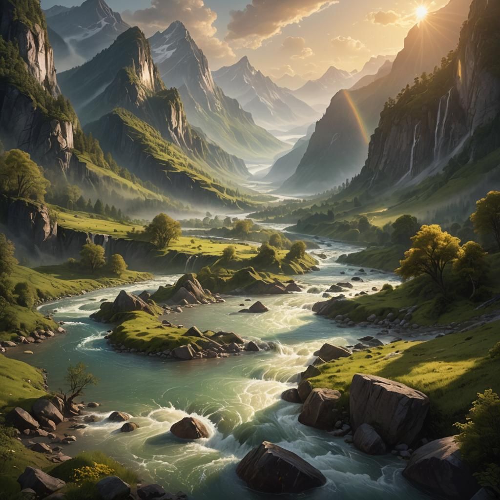 Serene River Between Majestic Mountains: Fantasy Concept Art