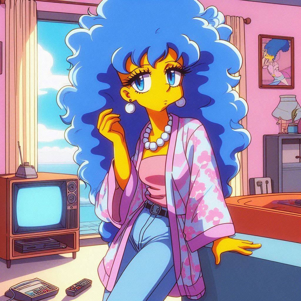 a 1980s anime style image of Marge Simpson drawn in human an...