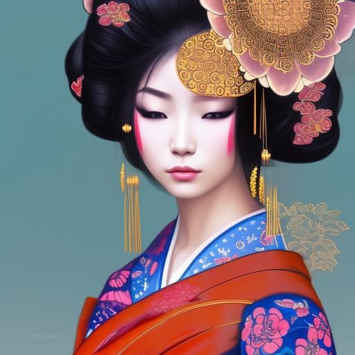 Geisha, beautiful, stunning face, great body, colours, asian, flowers ...