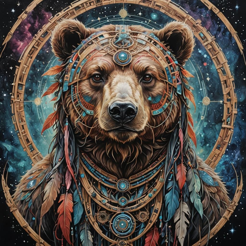 Humanized Indigenous Bear in Galactic-Armory weaving a Double-Helix, Amanda Sage, Carne Griffiths