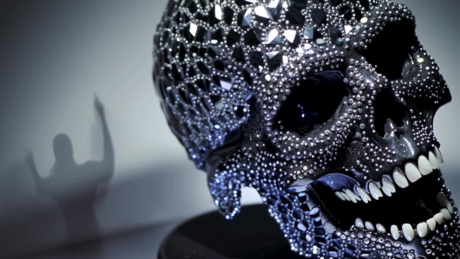 A blacked diamonds encrusted skull. Ghostly shadows are floating through and above it