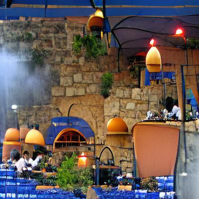 Open air Mediterranean cafe Pre-Raphaelite oil on canvas