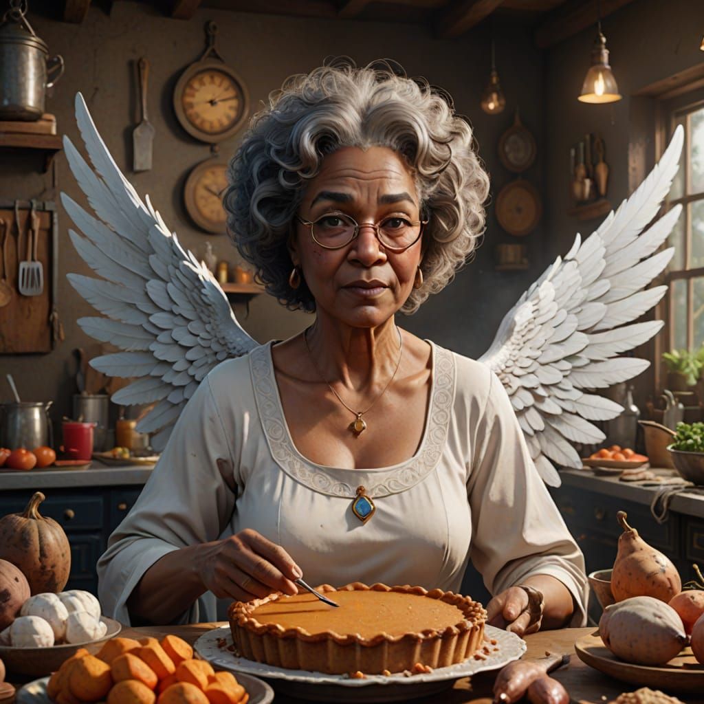 Hyperrealistic plump face black grandmother with large rim glasses, African descendants nose and thin lips and curly grey afro in a white dr...