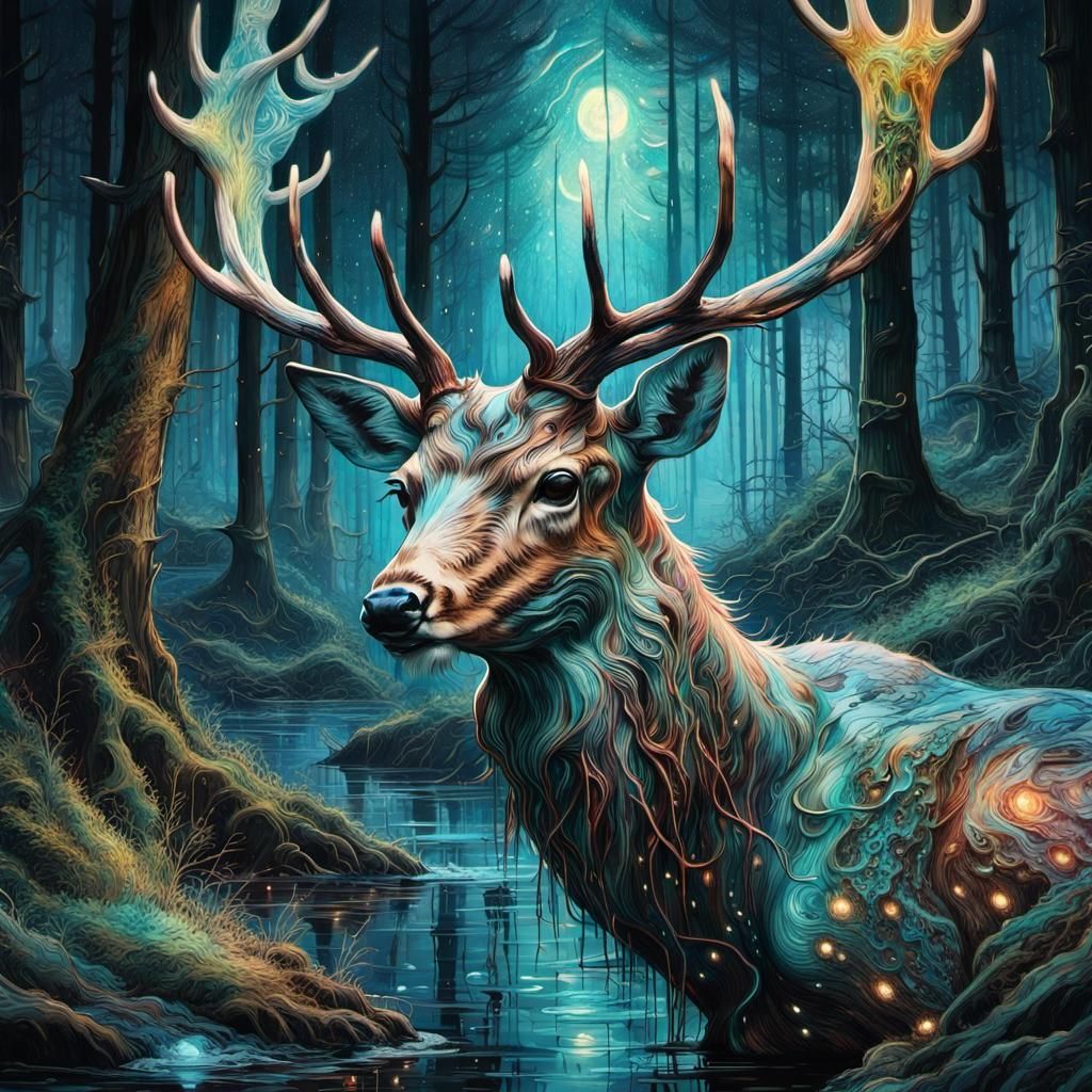 Suminagashi Bioluminescent Deer  by @Topher