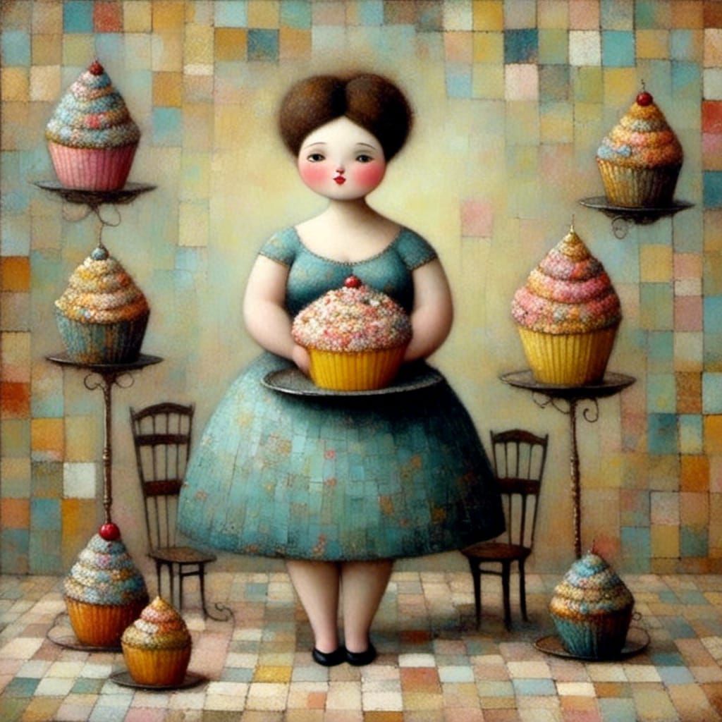 <lora:WHIMSICAL:1.0> <lora:CURVES:1.0> a woman with curves, very small head, big body, exaggerrated features, eating a giant cupcake, kitche...