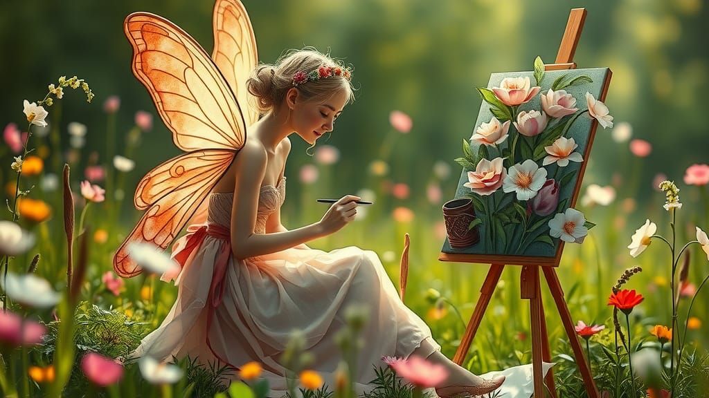 Beautiful fairy artist painting real blooming flowers to life in a meadow.   by @The_Anonymous_User
