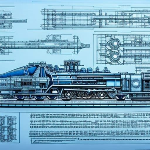 A detailed blueprint of a steampunk train..  by @Jabana
