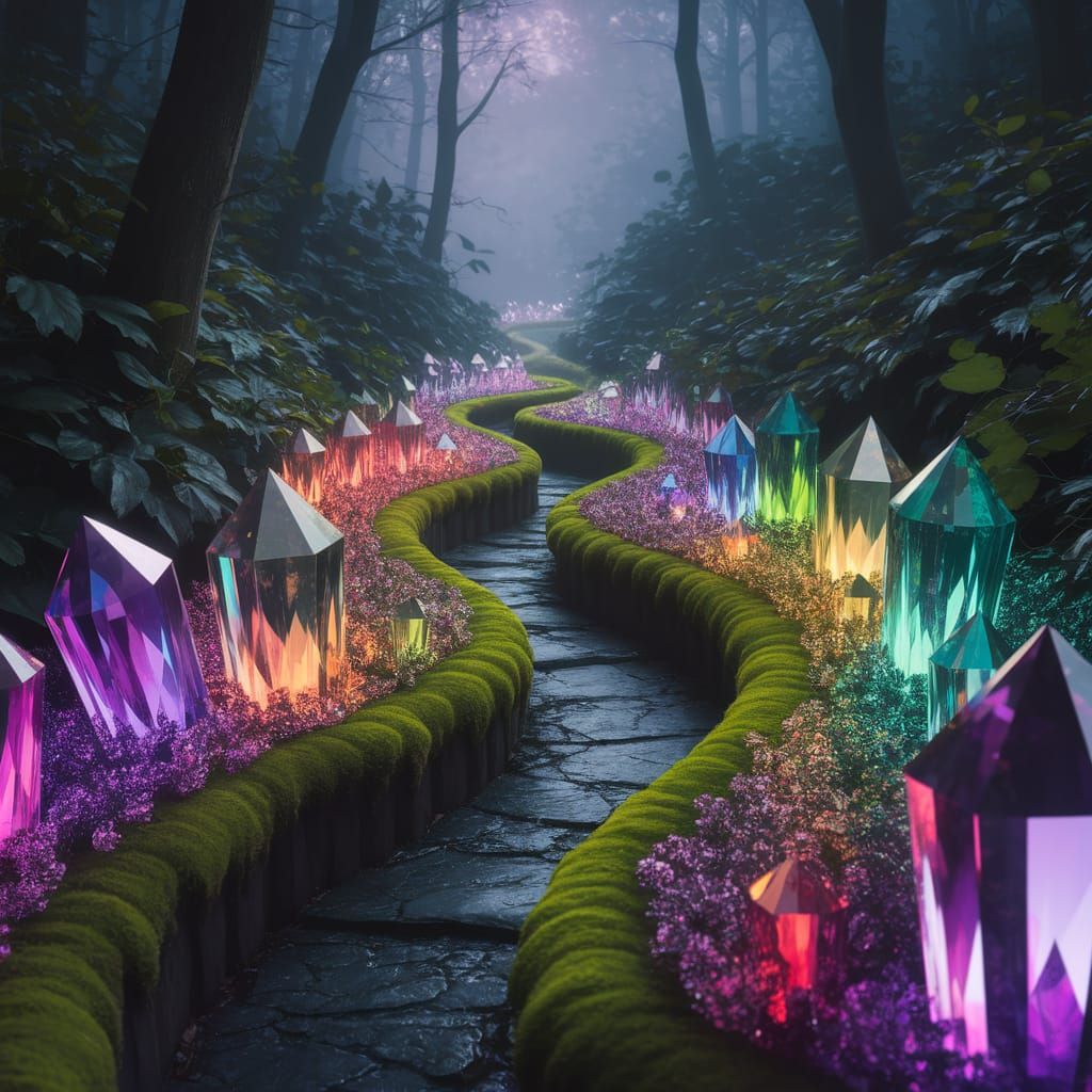  a hyoerrealistic surreal photo of a winding moss covered pathway winding through a forest. The pathway is illuminated by a soft, ethereal g...