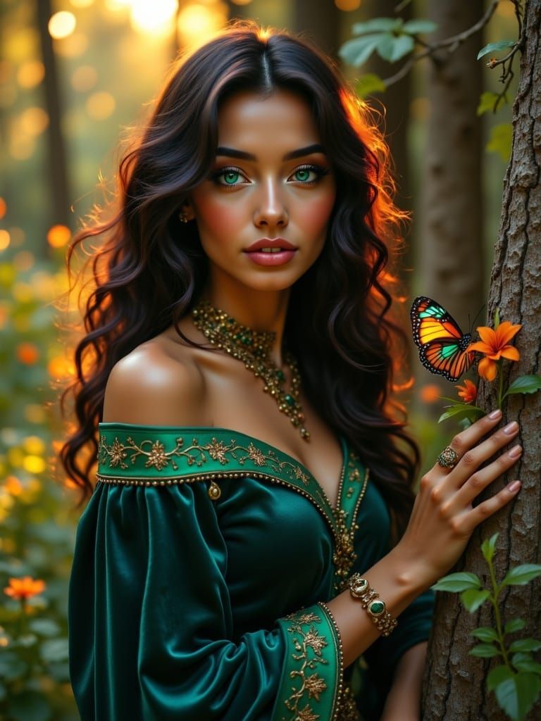 In the style of Annie Leibovitz. Photorealistic. Create an image with random fantasy and nature motifs with a beautiful woman of random ethn...