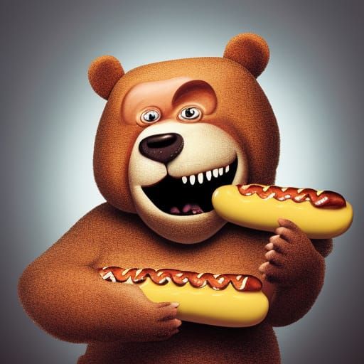 Big Fat looking Bear  eating a Hot Dog in a Ed Roth art styl...