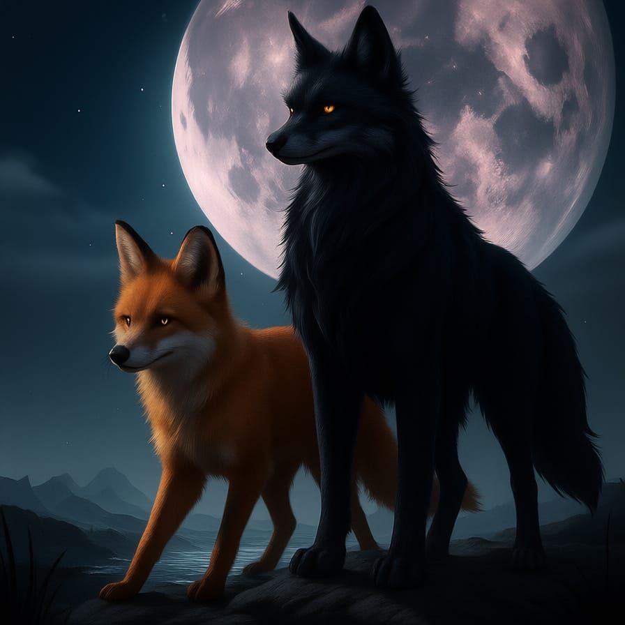 A fox wolf panther animal combination standing under the moon
