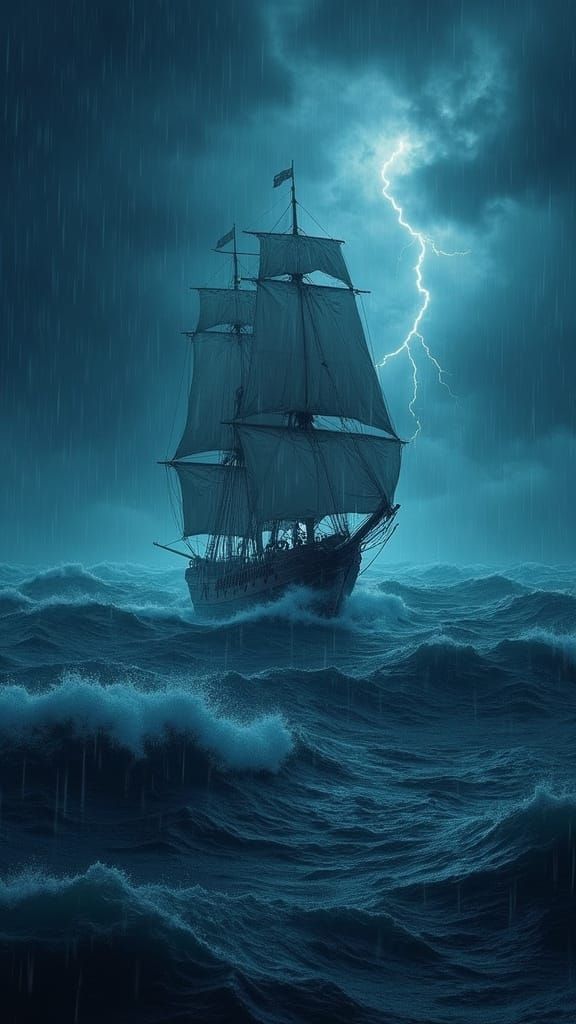 Ship in Stormy Sea at Night Portrait