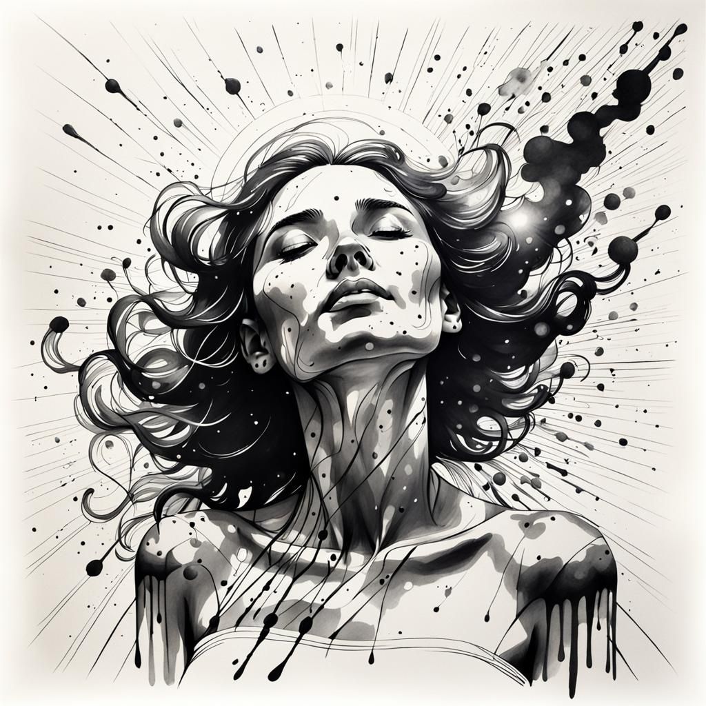 Black ink drops on paper turning into a line drawing of a wo...
