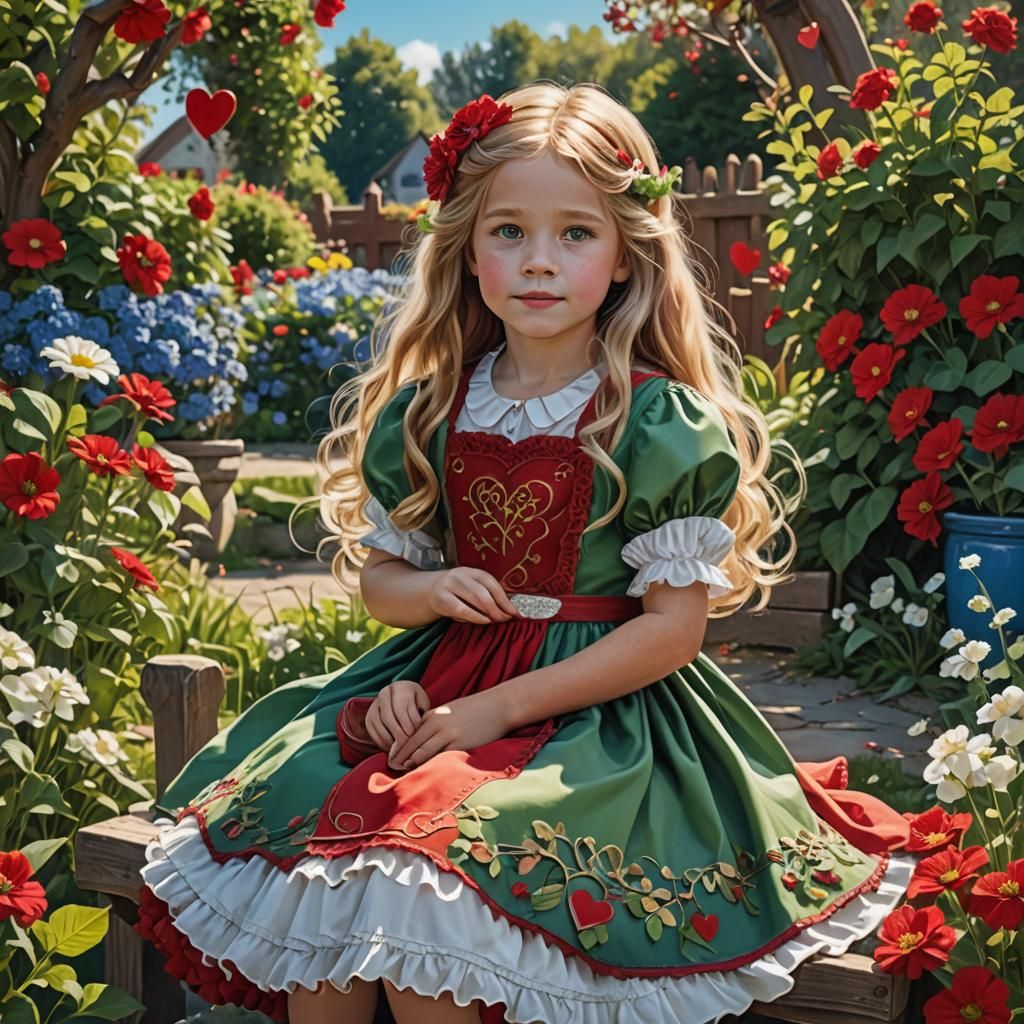 Girl in Flower Garden with Red Dress, Digital Art
