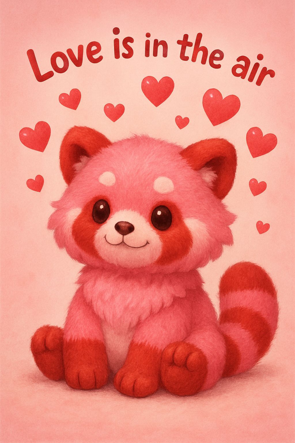 Red Plushie Panda with Pink Fur and Hearts
