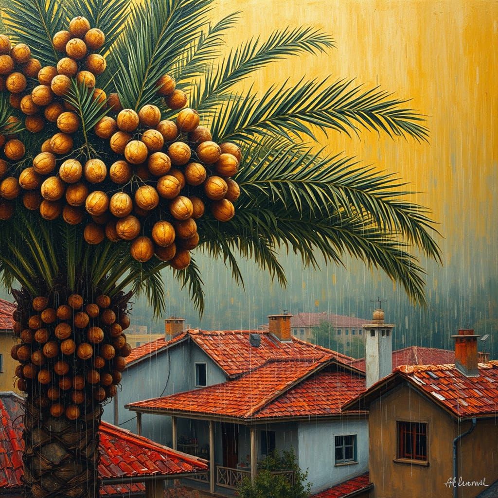 Palm Tree Fruit with Autumn Rain in Impasto Style