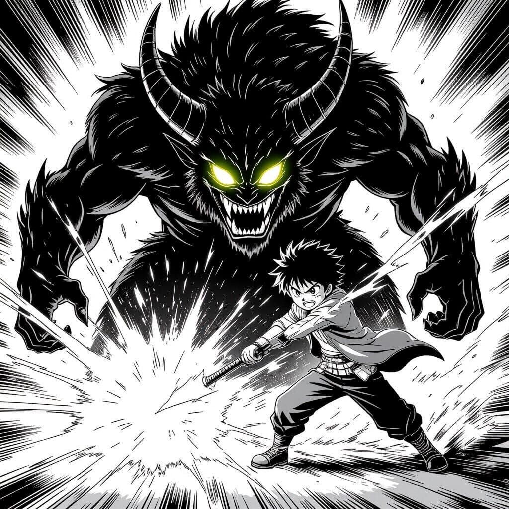 Make a scene of a boy around 12 year old using magic to fight a monster with 2 horn a big tail and 3 eye on his face black and white manga p...