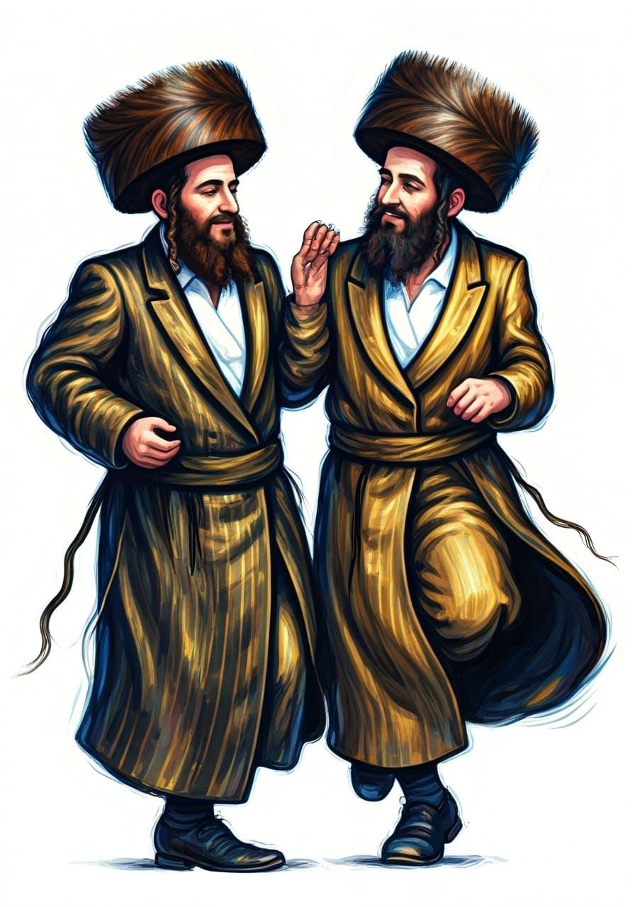 Joyful Hasidic Men Dance Kadachka in Vibrant Gold and Blue