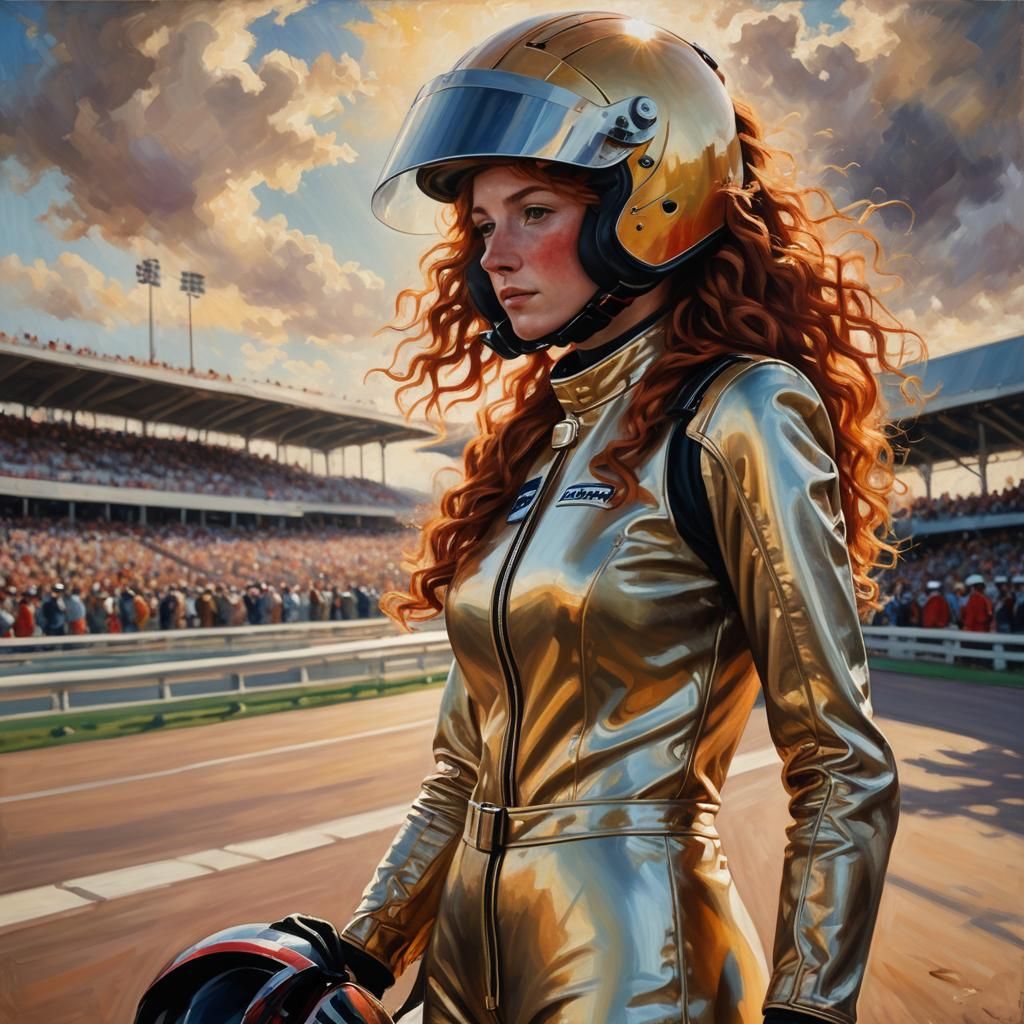 Extremely beautiful woman with some freckles on her nose and long curly res hair on a Grand Prix racetrack wearing a skintight race suit mad...