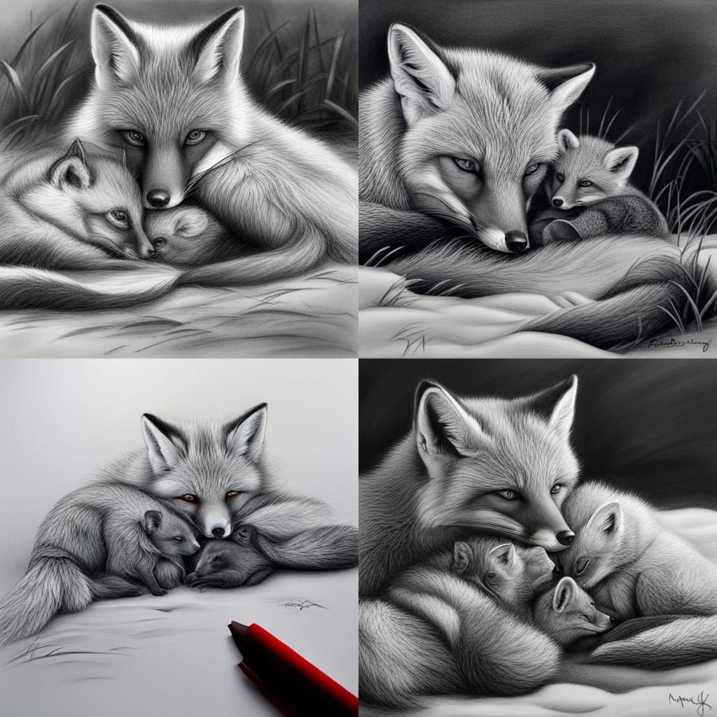 A fox cuddling with it's babies