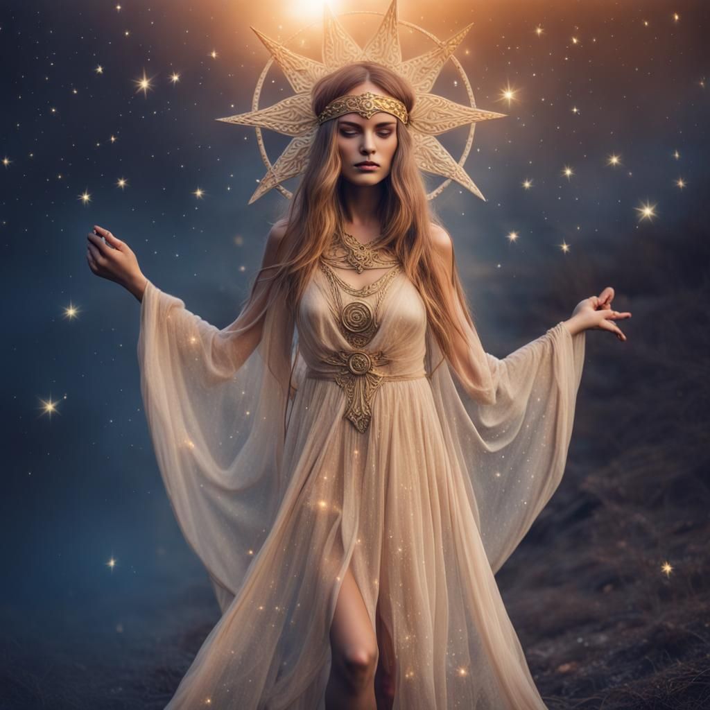 etheral sun and moon goddess magical effects stars flowy dre...