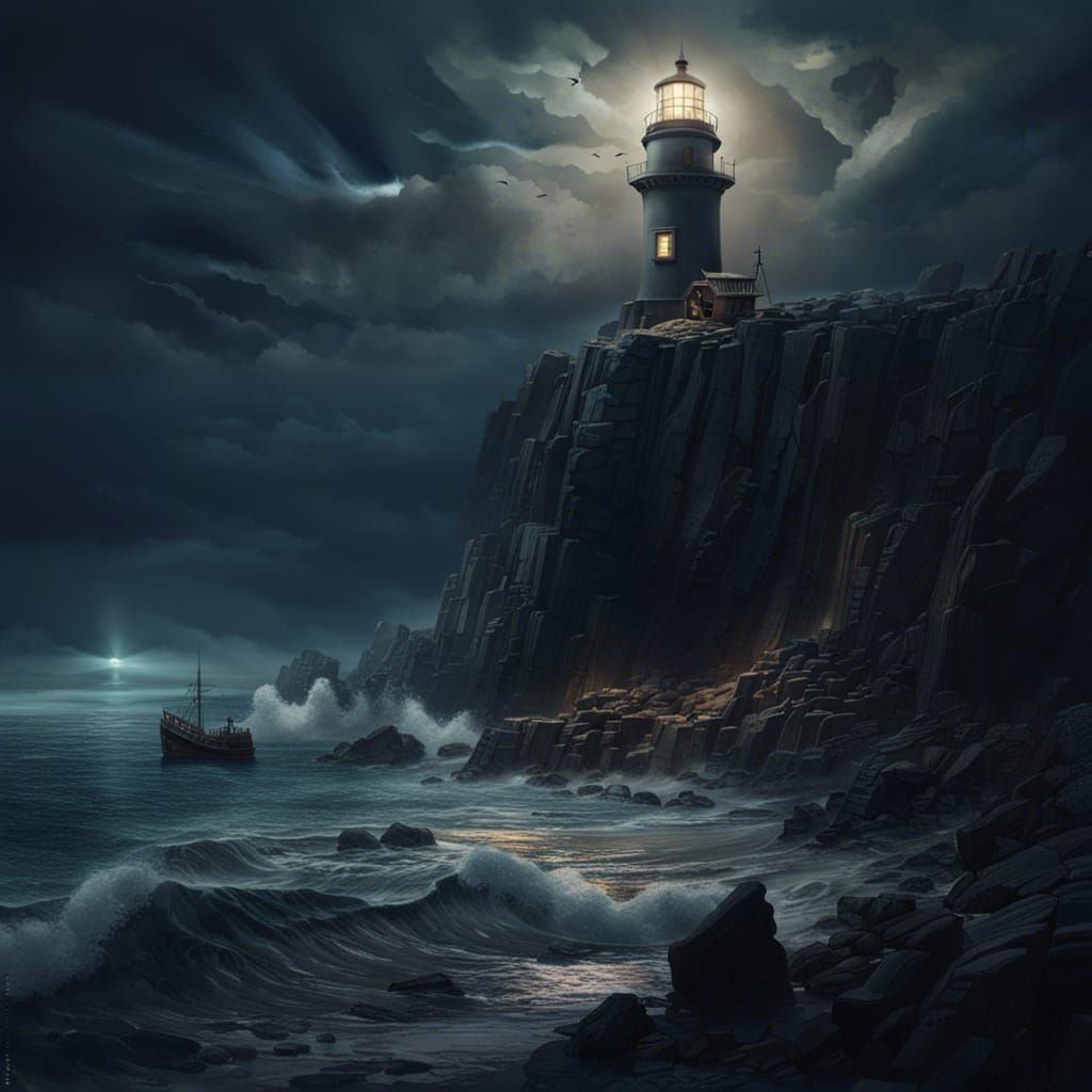 A lighthouse on top of a rocky coast, a ship and people are stranded at the beach underneath, dark fantasy ...  by @qu