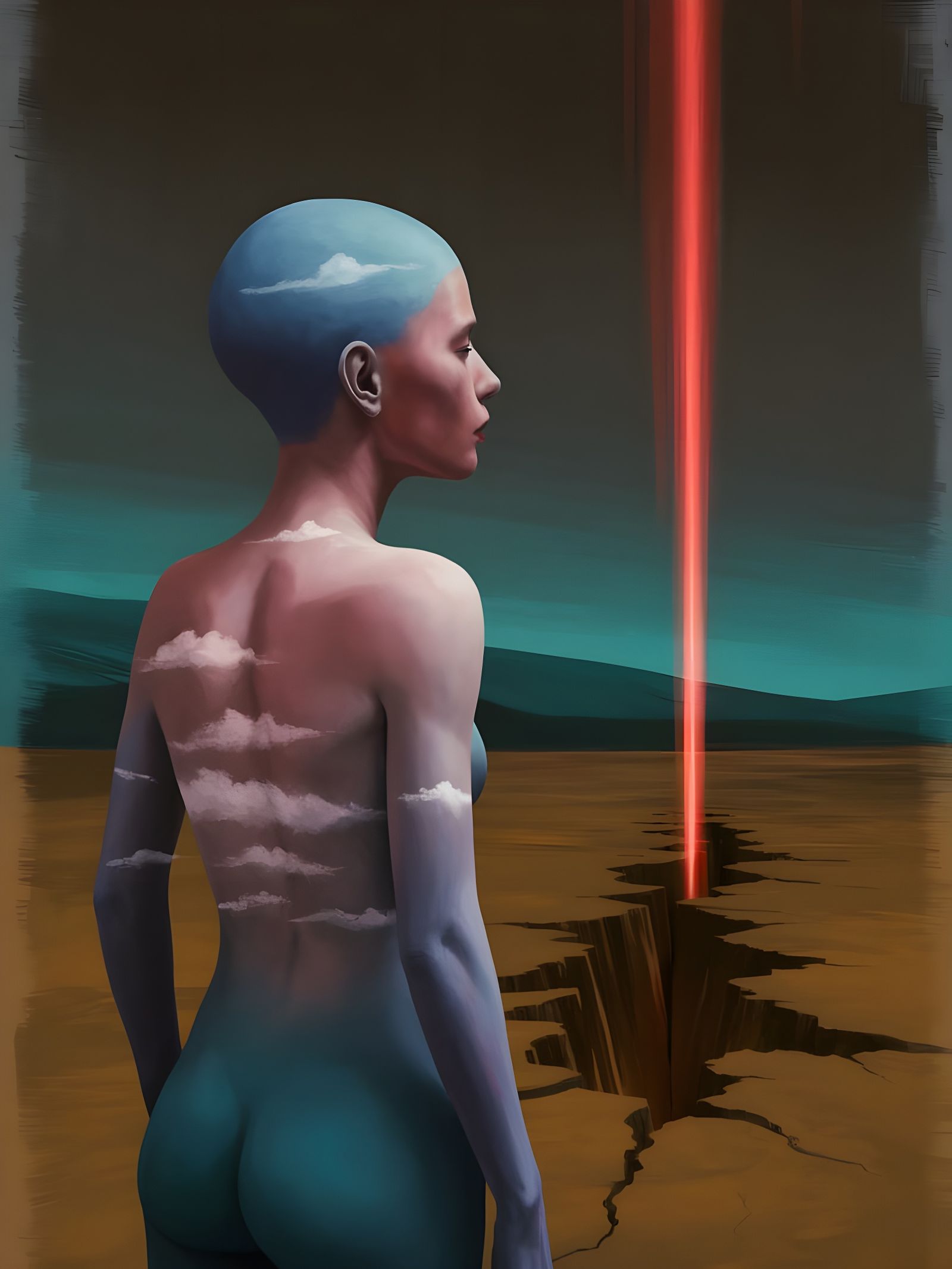 Figure Gazes at Red Light Erupting from Earth in Digital Art