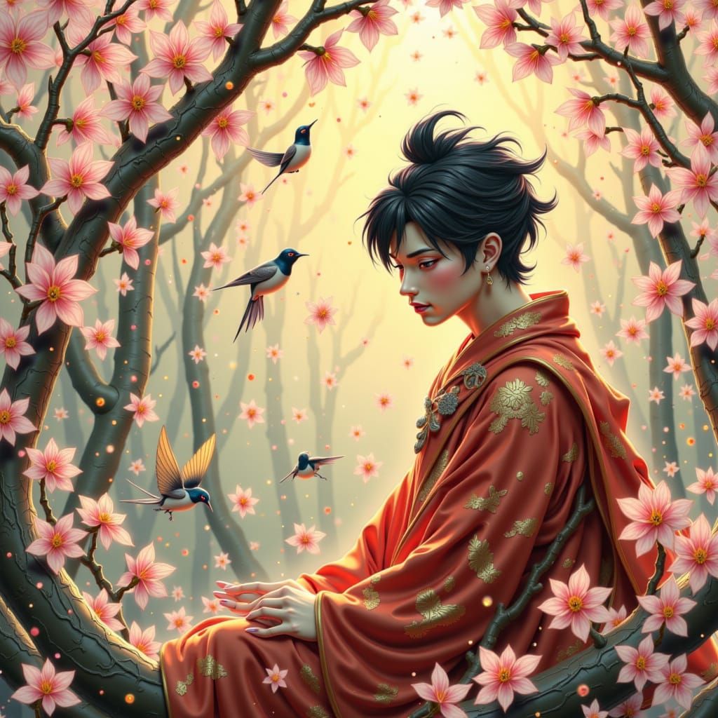 Serene woman in traditional Japanese attire, surrounded by blooming cherry blossoms, sharing her dreams with nature, as a thousand birds sin...