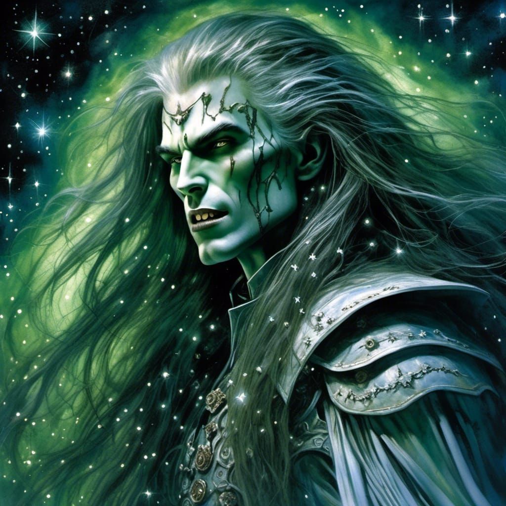 Close-up tall male space vampire with white-green wild flowing long hair, long teeth and nails. Elegance, Attitude and cute sass. Lots of st...