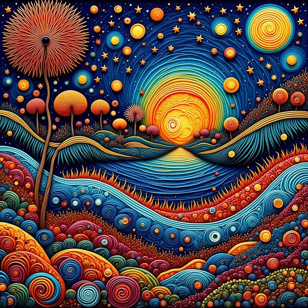 <lora:Zentangled:1.0>
Glowing Zentangle "Jungle Scene" with intricate tiny circles and Horror fire swirls. By van gogh. Colourful. Retro sha...